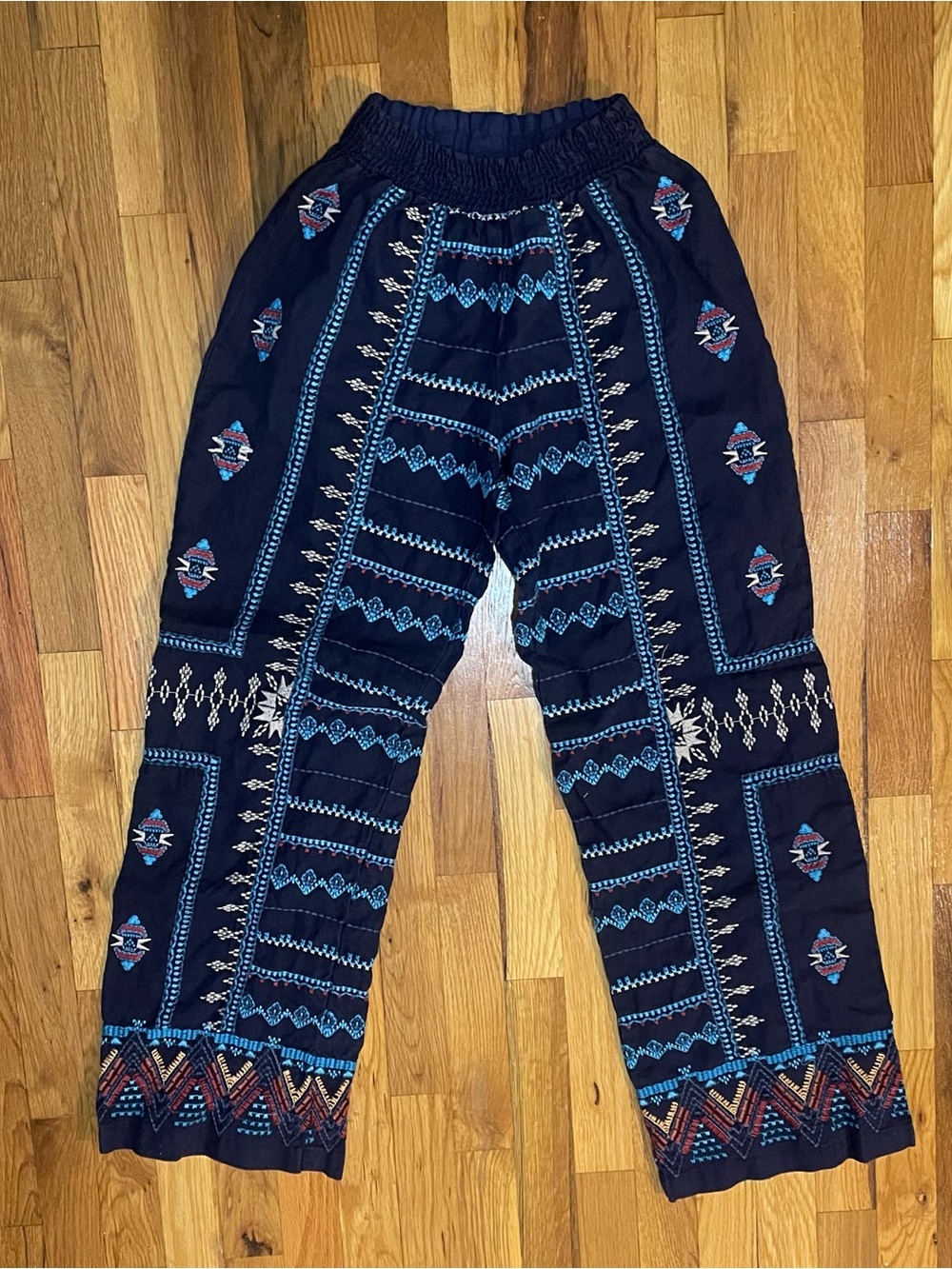 Johnny Was Sunniva Embroidered Linen Palazzo Pants Navy Size Small